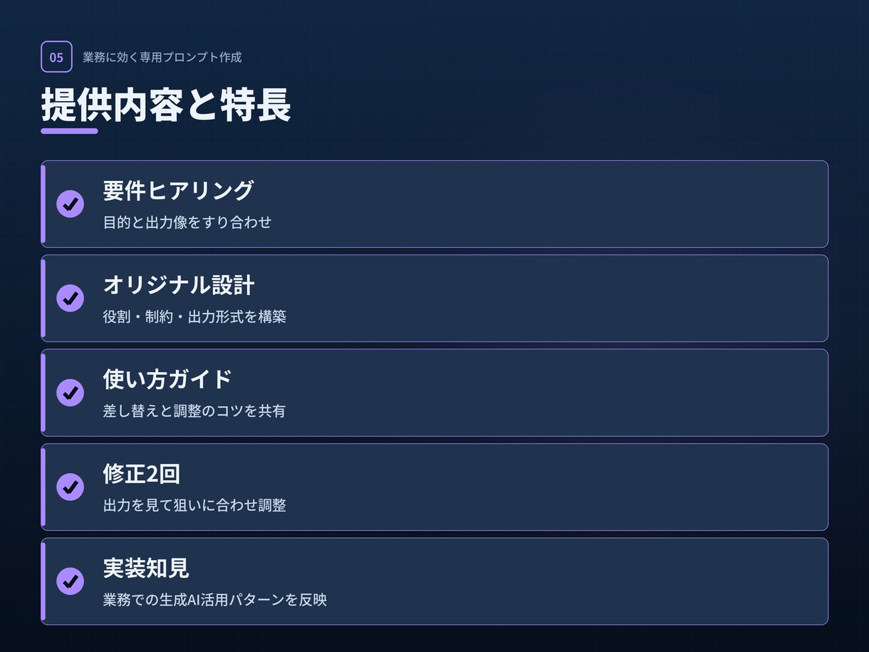 専用プロンプトを作成し使い方も伝えます やりたいことをヒアリングしオリジナル設計｜修正2回まで イメージ5