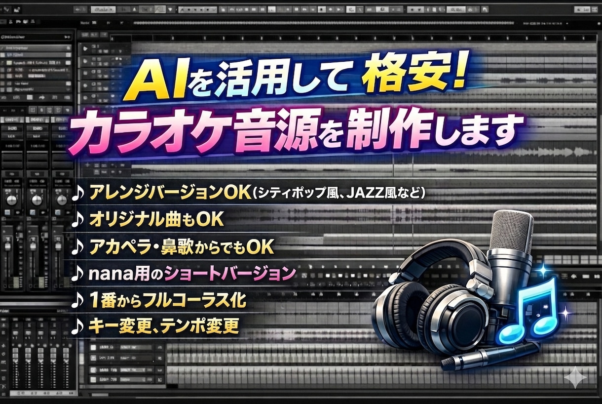AIを活用して格安に！カラオケ音源を制作します オリジナル曲でもOK！やり方教えるオプション有り！ イメージ1