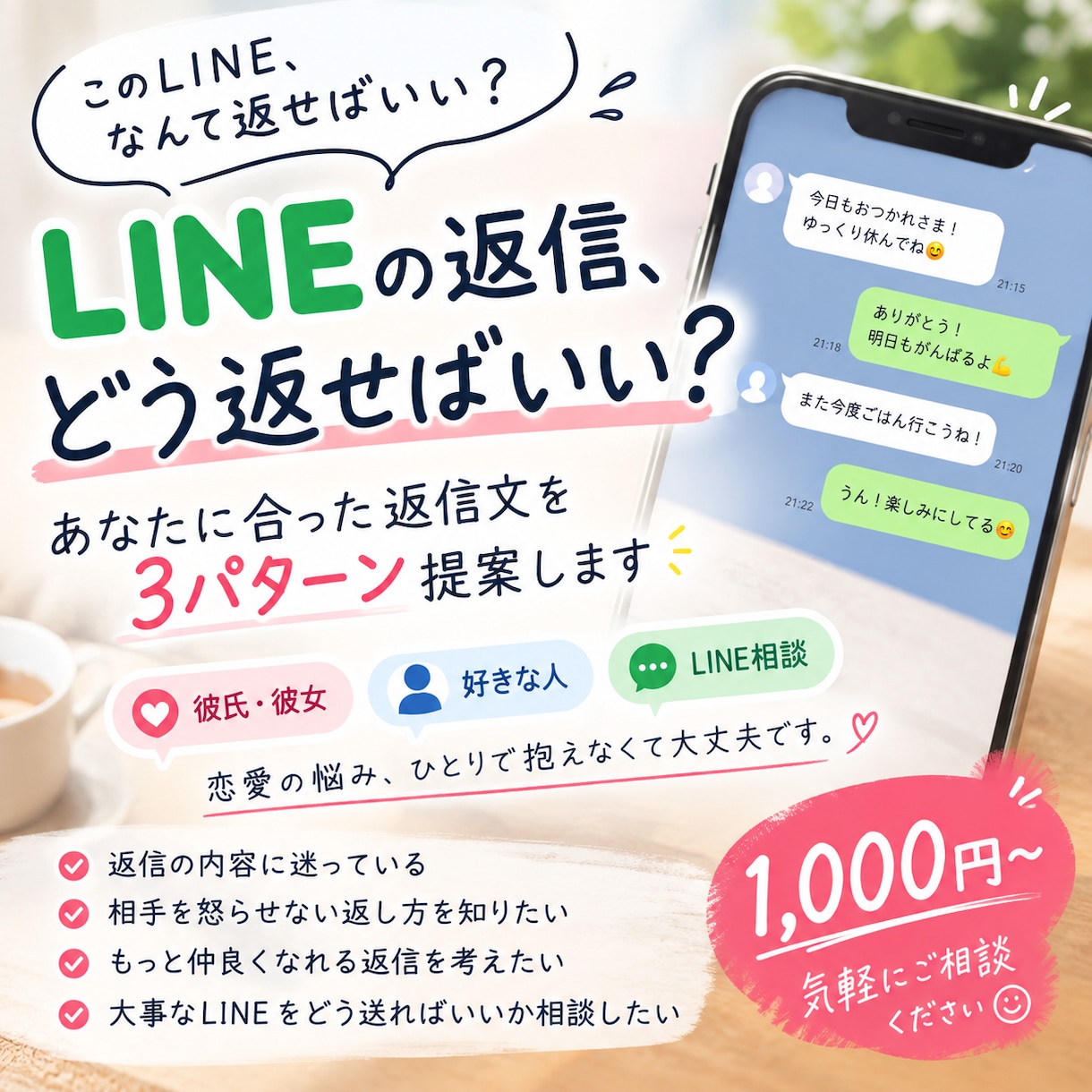 彼氏・彼女へのLINE返信を考えます あなたの状況に合う返信文を3パターン提案します イメージ1
