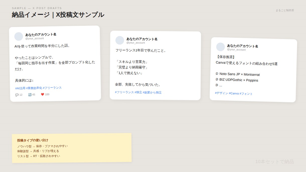XInstagram投稿文10本まとめて作成します ハッシュタグ提案つき｜反応が取れる投稿文を量産 イメージ1