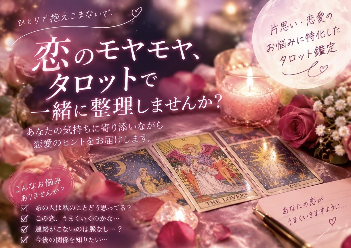 恋愛のお悩みをタロット3枚で鑑定します 恋の迷いや不安に、カードからヒントをお届け。 イメージ1