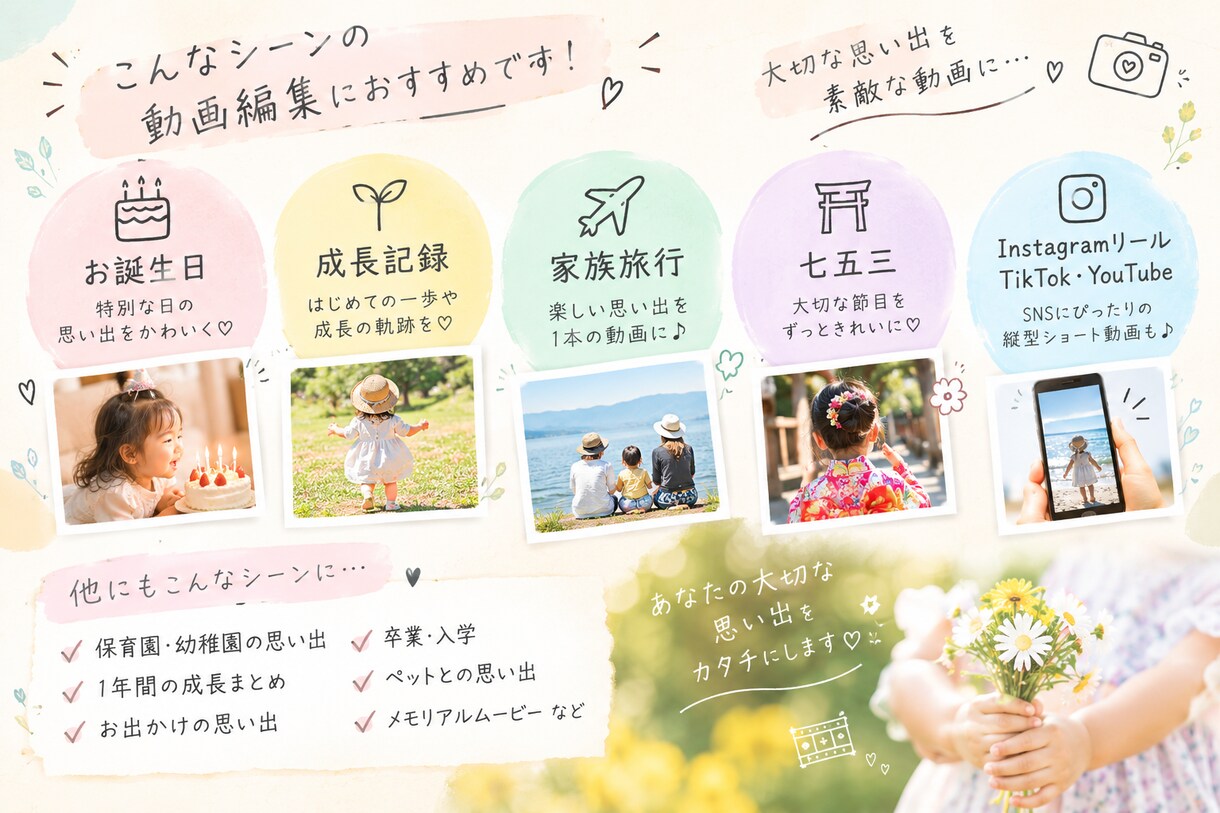 思い出動画を可愛く編集します 大切な思い出を素敵な動画にします❤︎ イメージ3