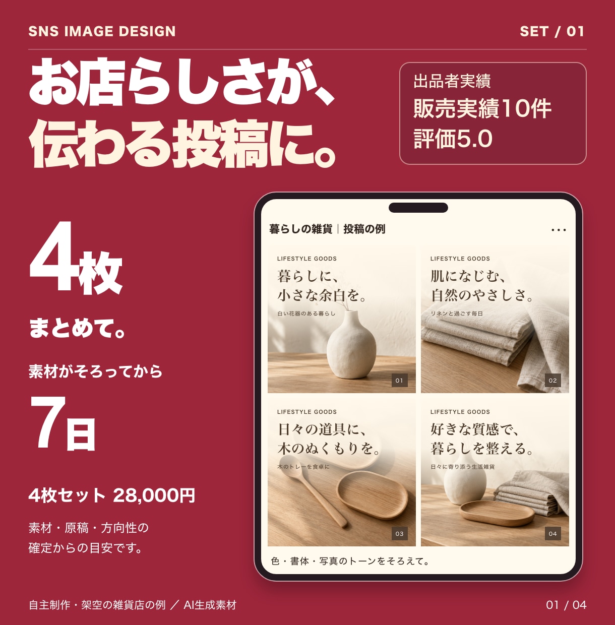 SNS投稿画像を4枚セットから制作します 世界観をそろえた投稿画像を、まとめて。毎月の継続もOK イメージ1