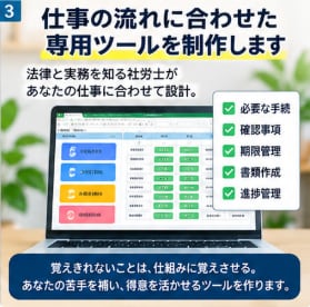 社労士が人事労務の便利ツールを作ります 法律と実務を知る国家資格者があなたの面倒な仕事を仕組みで解決 イメージ3