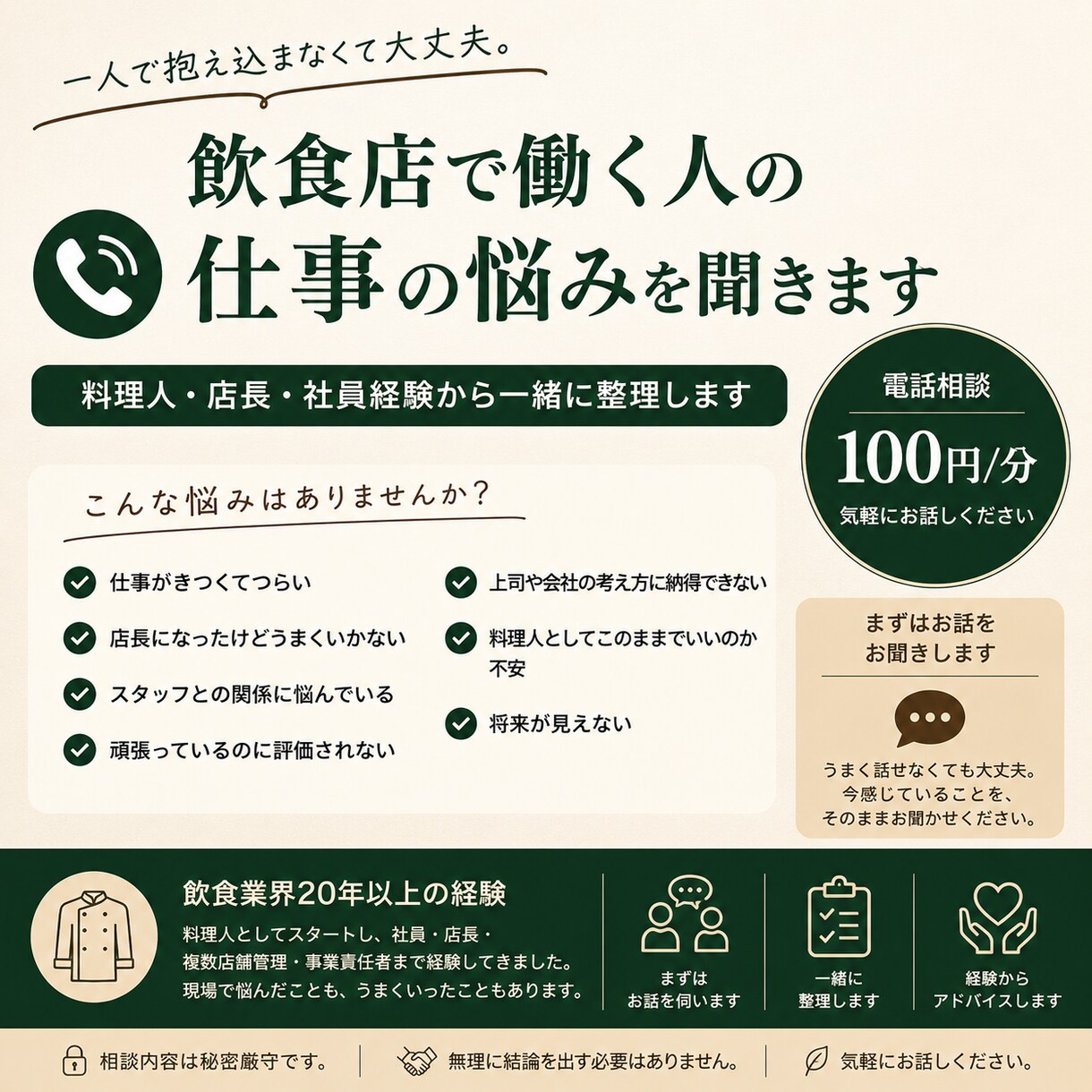 飲食店で働く人の仕事の悩みを聞きます 料理人・店長・社員経験から一緒に整理します イメージ2