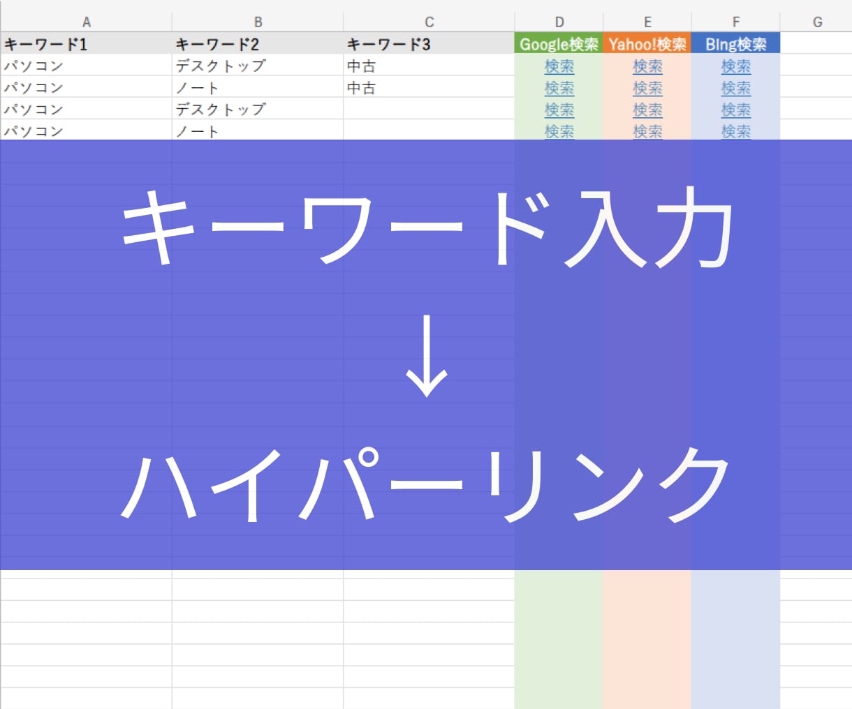 ワンクリックで検索できるExcelシート売ります ハイパーリンクでGoogle、Yahoo、Bing検索！ イメージ1