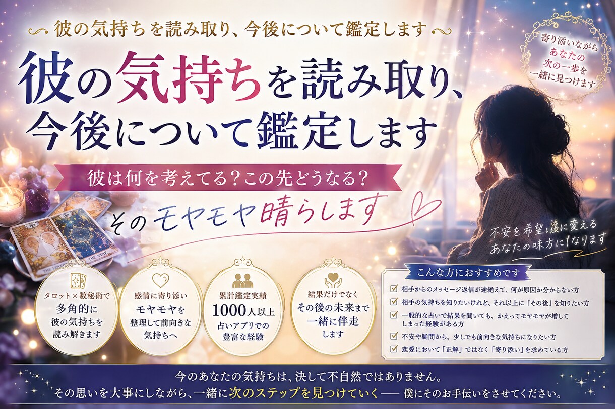 彼の気持ちを読み取り、今後について鑑定します 彼は何を考えてる？この先どうなる？そのモヤモヤ晴らします イメージ1