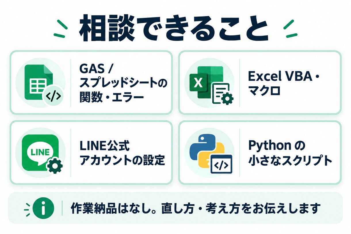 GAS・Excel・LINEの困りごとに答えます エラー文と画面を貼るだけ｜30分テキスト相談 イメージ2