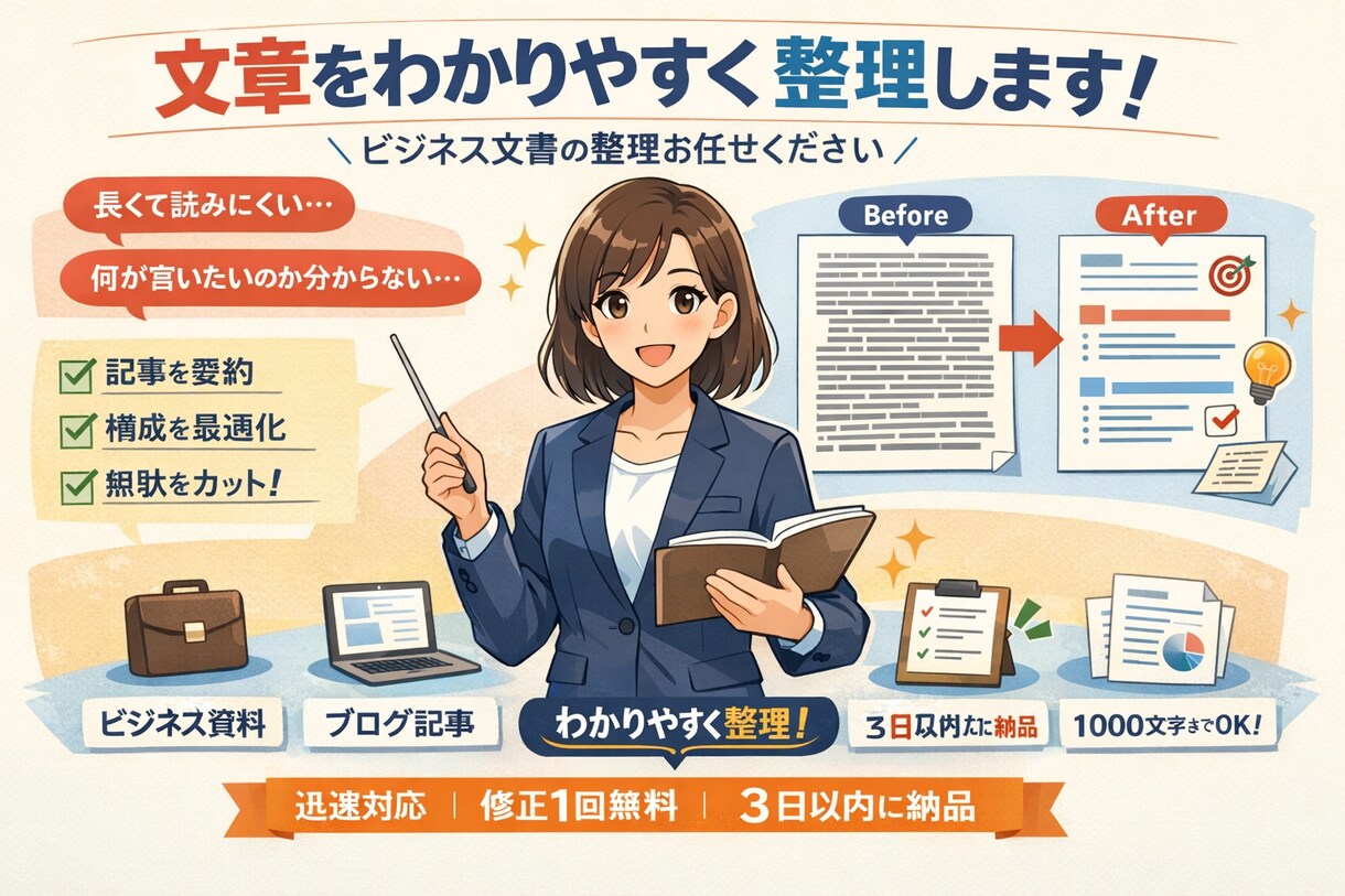 資料・ブログ記事をわかりやすく論理的に整理します 文章を要点が一目でわかる形へビジネス文章の整理お任せください イメージ1