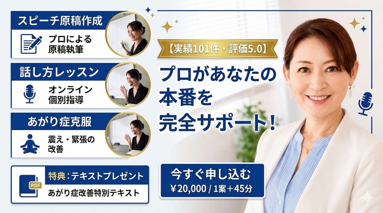スピーチ原稿作成｜話し方・本番対策もサポートします 実績１０１件・評価５.０｜現役アナが原稿作成から本番まで伴走 イメージ2