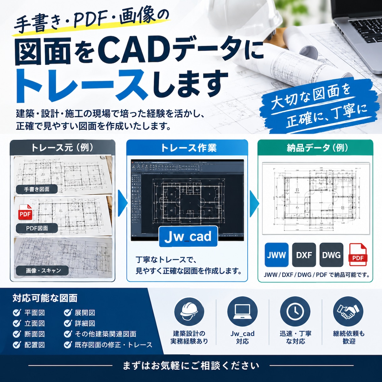 手書き・PDF・画像の図面をCADデータにします 図面化して欲しい方、間取り等の確認、位置の把握をしたい方！ イメージ1