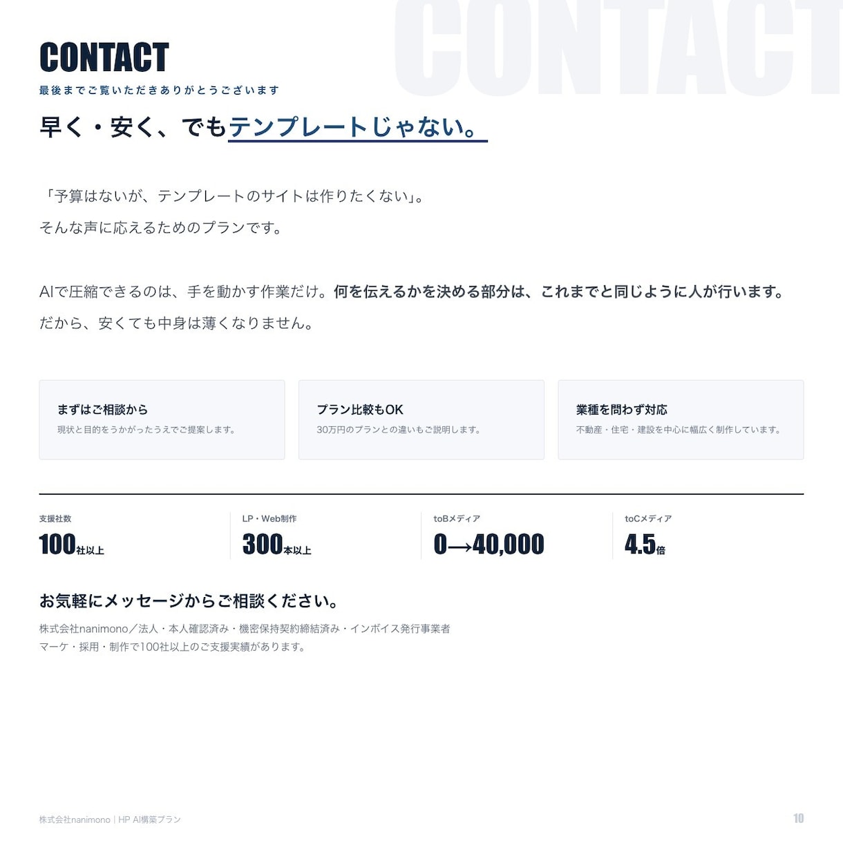 1〜1.5ヶ月でオリジナルHPを制作します 初期15万円／5ページ前後／AI活用で工数を圧縮 イメージ10