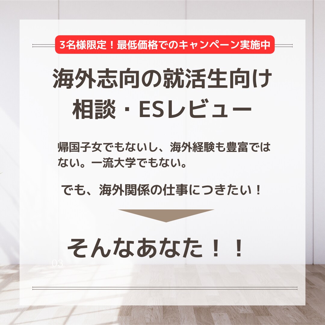 海外志向の就活生向け相談・ESレビューします 【3名限定価格】純日本人で、海外キャリアを目指したい人向け イメージ1