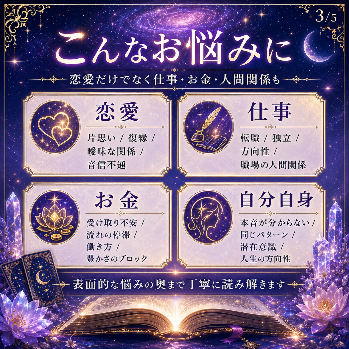 潜在意識にある本音と悩みの根本を鑑定します 恋・仕事・お金・人間関係の流れを、タロットで深く読み解きます イメージ3