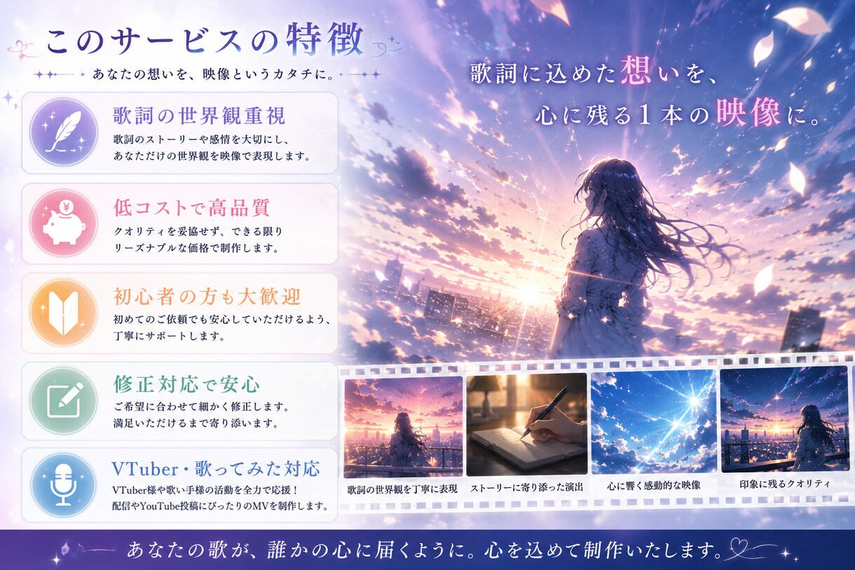 オリジナルMV♥世界観を物語にするMV制作します 歌詞の世界観を大切にしたオリジナルMVを低コストで制作します イメージ4
