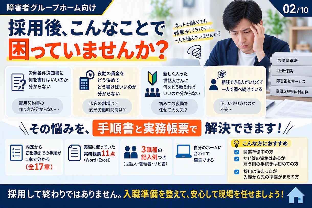 障害者グループホーム開業の入職手続き一式を渡します 雇用契約から初めての夜勤まで、現場の実物で準備できます イメージ2