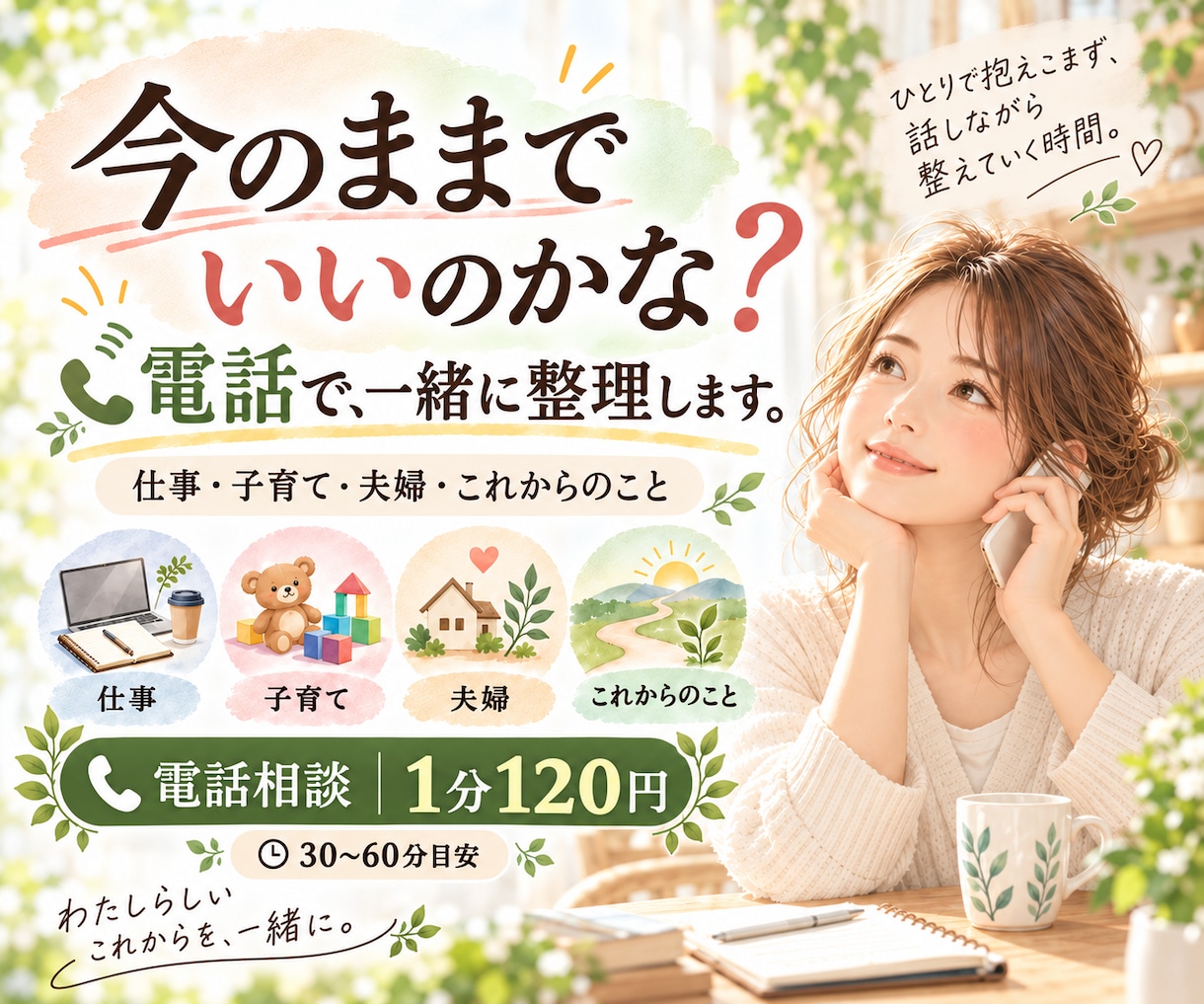 今のままでいいのかな？を一緒に整理します 仕事・子育て・夫婦・これからのことを電話で整理します イメージ1