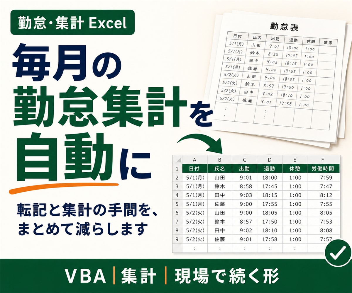 勤怠・集計のExcelをVBAで自動化します 飲食20年の現場目線と、納品前の独立検算つき イメージ1