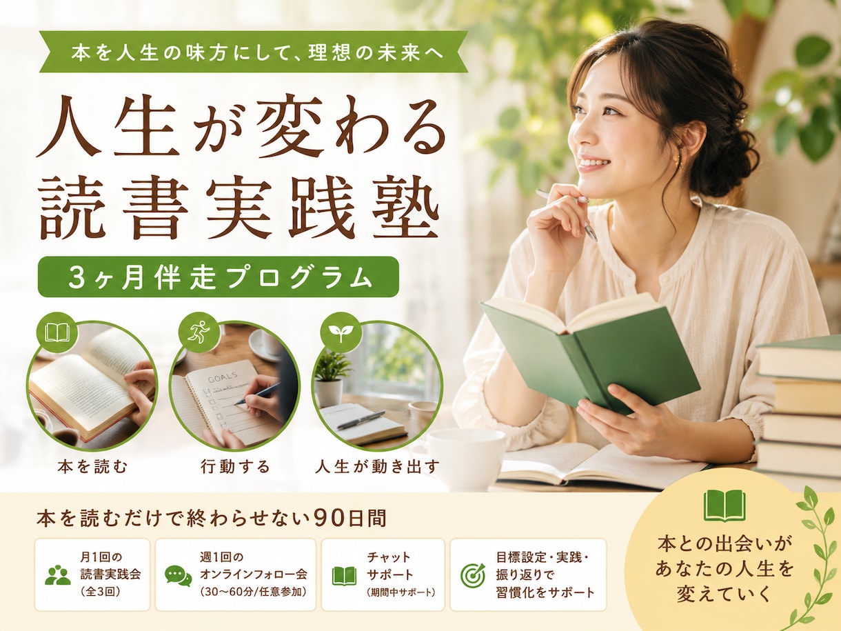 読書習慣化と行動実践を90日伴走します 読むだけで終わらせない！読書習慣と行動力を育てる伴走3ヶ月 イメージ1