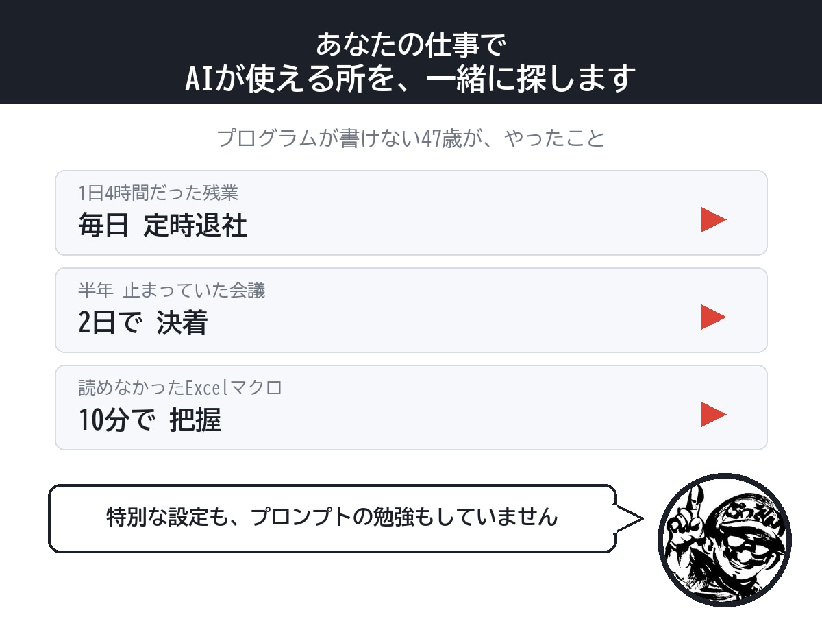 あなたの仕事でAIが使える所を一緒に探します プログラムが書けない４７歳が、AIで残業４時間→定時退社 イメージ2
