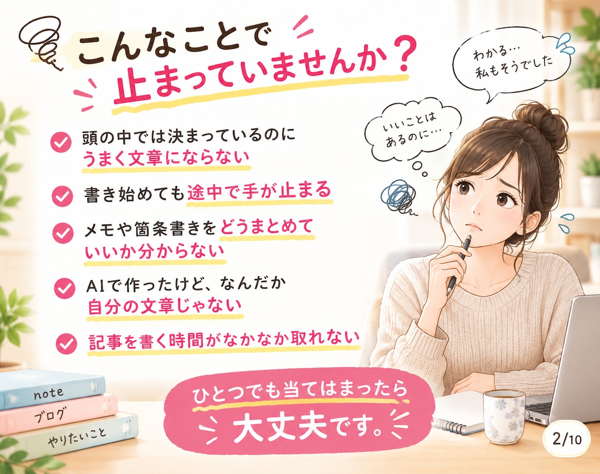 メモや箇条書きから読みやすい記事を作成します 書きたいことはあるけど、文章にできない方へ。メモでもOKです イメージ2