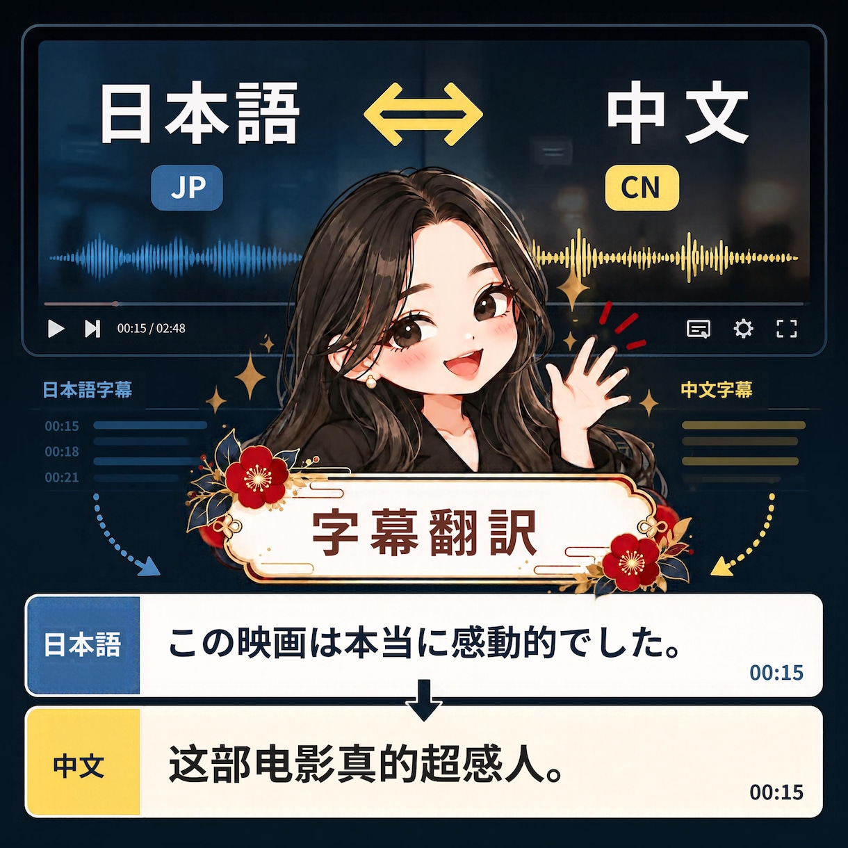 YouTube・動画字幕を自然な中国語に翻訳します 3分1,500円〜・文字起こし込み|SRT納品・中→日も可 イメージ1