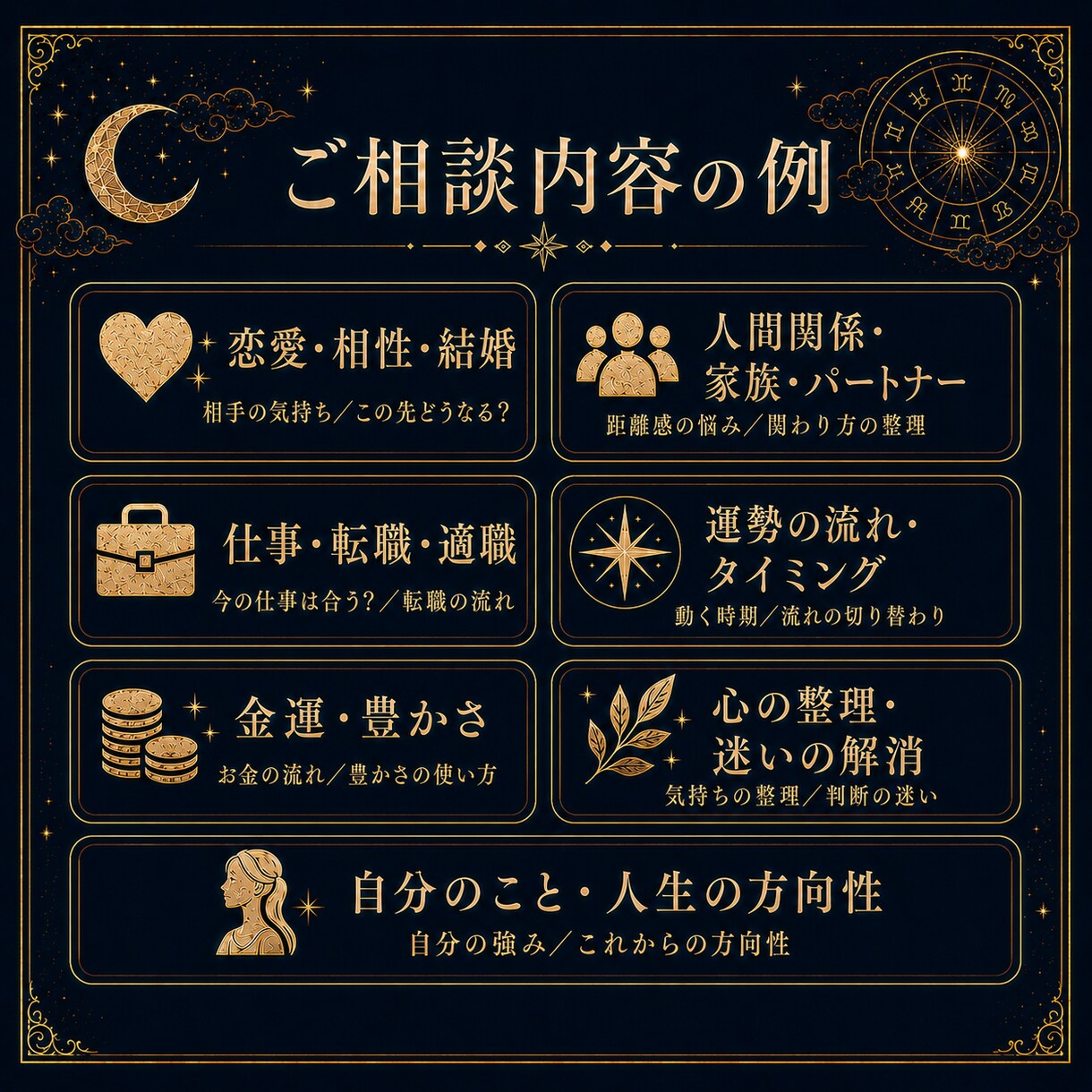 本質・強み・今後の流れ全体を総合で読みます 自分の本質を理解することで、自分の軸と方向性が見えます。 イメージ3