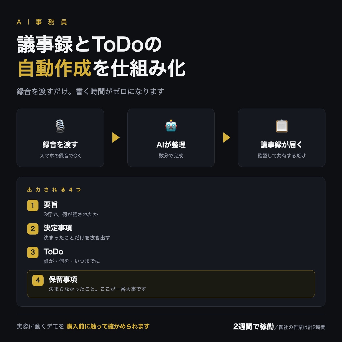 議事録とToDoの自動作成を構築します 録音を渡すだけ｜決定事項とToDoが自動で残ります イメージ1