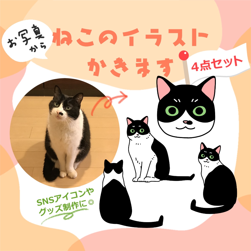 ペットの猫ちゃんのシンプルなイラスト作成します 4点セット☆SNSアイコン、グッズ作成にもご使用いただけます イメージ1