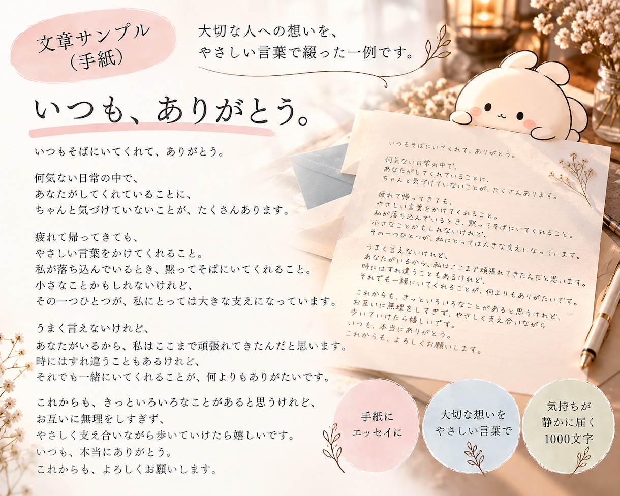 言葉にできない気持ちを文章にします あなたの想いを、1000文字の手紙やエッセイに。 イメージ3