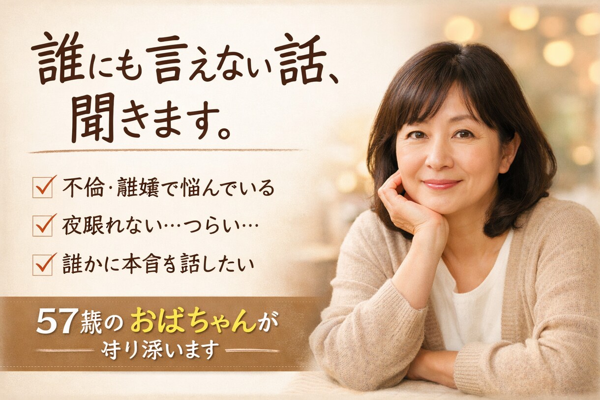 誰にも言えない悩み、57歳が聞きます 不倫　離婚　再婚　普通のおばちゃん経験者だから言えること イメージ1