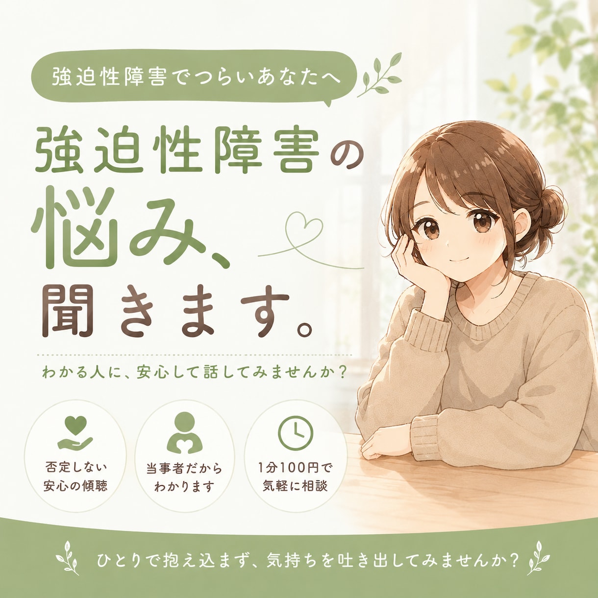 強迫性障害で辛い思いをしているあなたに寄り添います 強迫性障害の辛さを「分かる人」に話してスッキリしませんか？ イメージ1