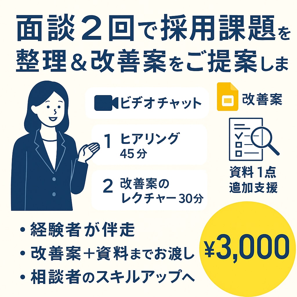面談2回で採用課題を整理＆改善案をご提案します 採用まるっと相談！経験者が伴走し、改善案＋資料までお渡し！ イメージ1
