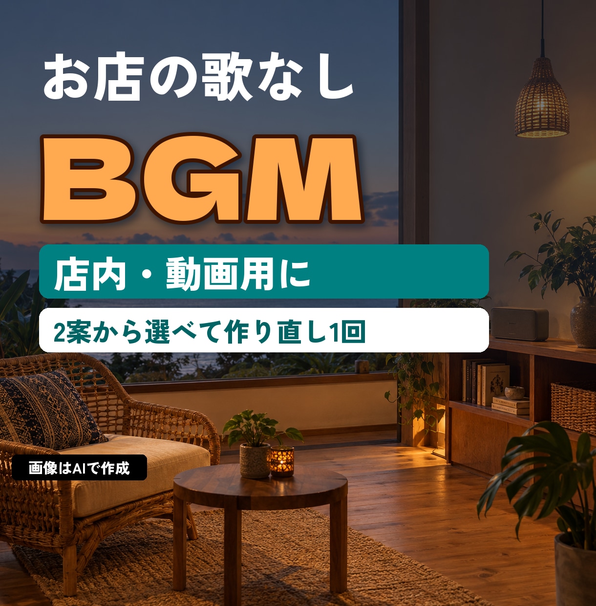 お店の歌なしBGMをAIで作ります 店内・動画用に。2案から選べて作り直し1回 イメージ1