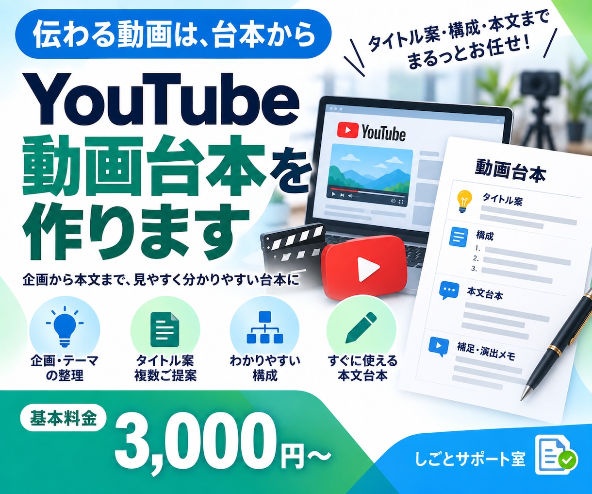 動画の構成から本文まで、台本を作ります タイトル案・構成・本文台本をまとめてお届けします イメージ1