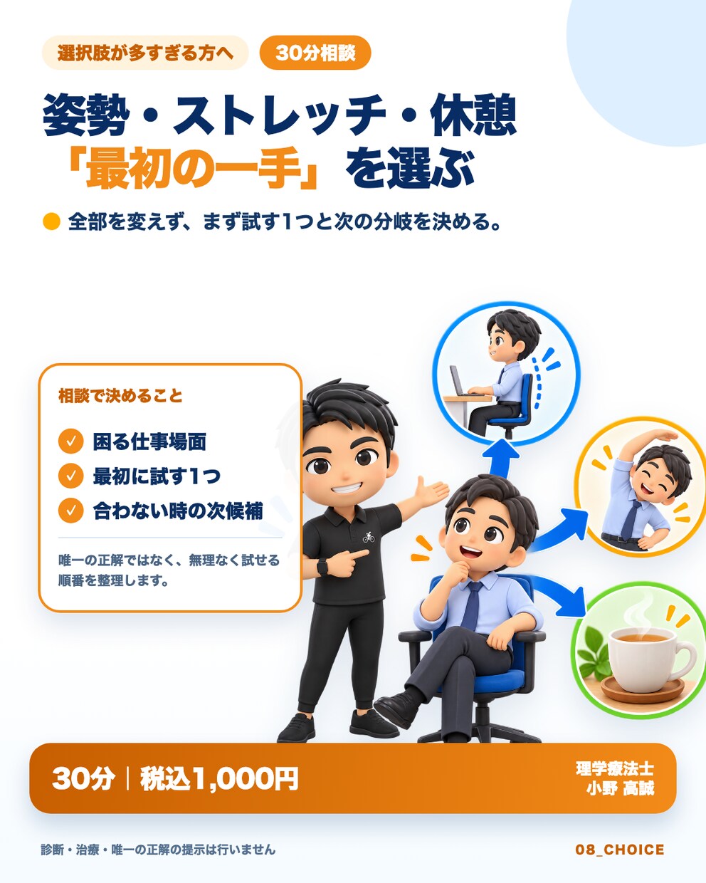 姿勢・休憩から最初の一手を30分で決めます 姿勢・ストレッチ・休憩の候補を一手に絞ります イメージ1