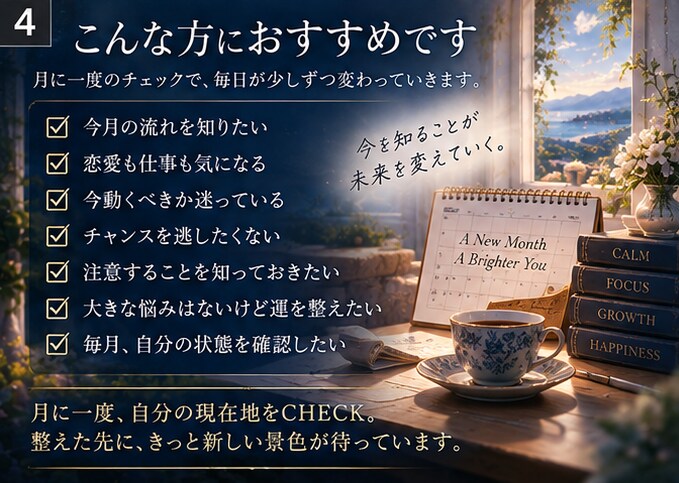 月1運命メンテナンス！今月の流れと一歩を占います 毎月の現在地を確認し、運の流れを整えます イメージ4