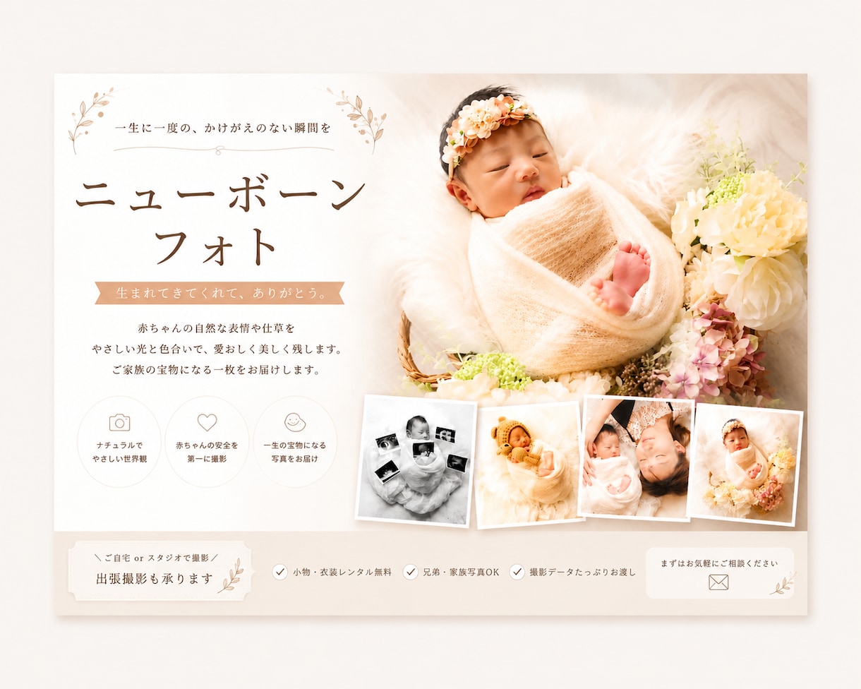 ニューボーンフォト撮影いたします 花屋さんならではの手作りのお花を使った写真を得意としています イメージ1