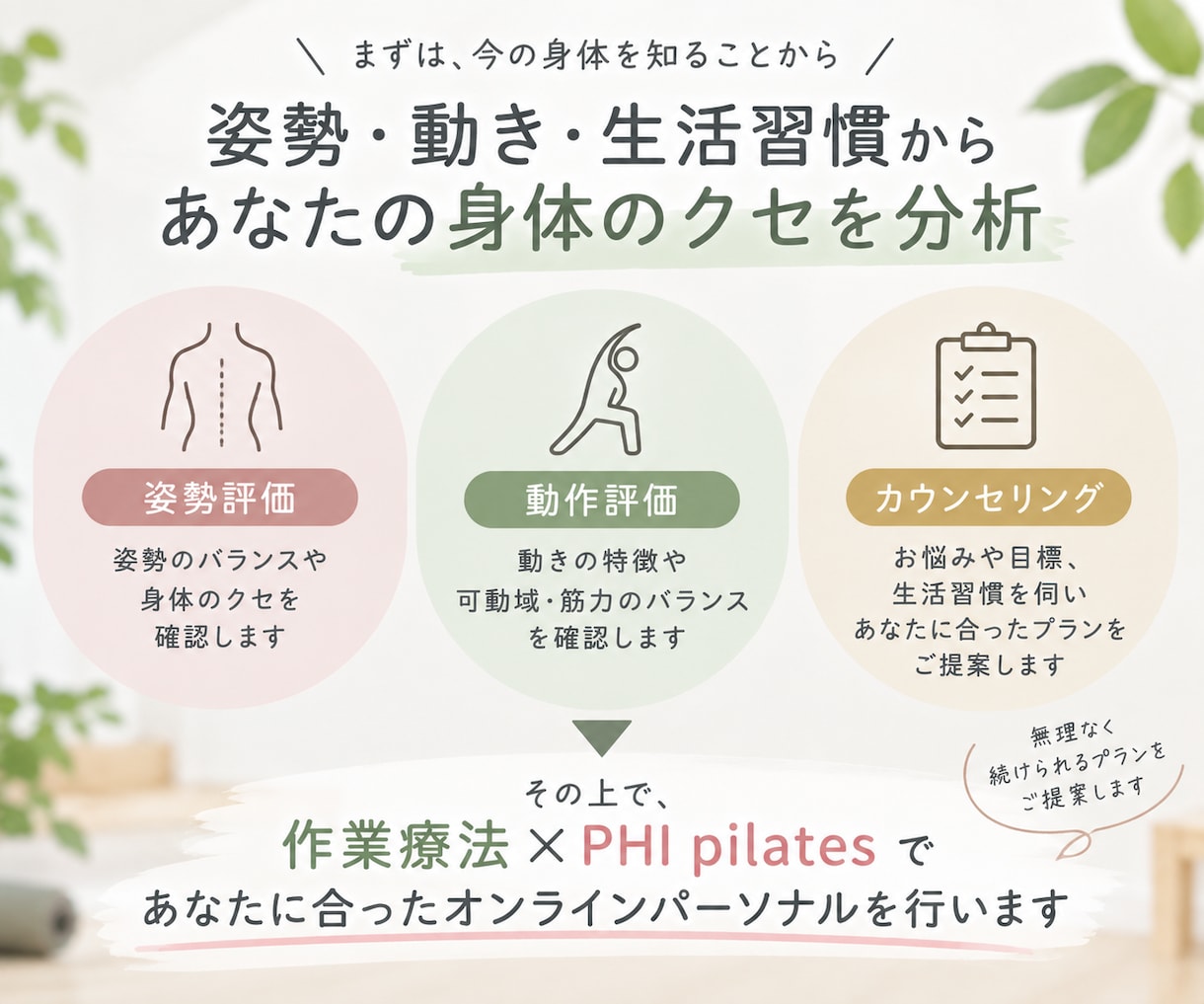 作業療法士があなた専用の運動を指導します 姿勢・身体のクセを分析し、あなたに合った運動をマンツーマンで イメージ3