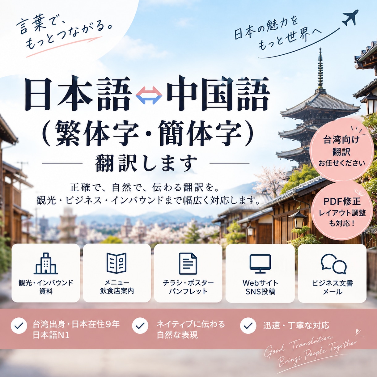 日本語⇔中国語（繁体字・簡体字）を翻訳します 台湾出身・日本語N1観光・SNS・ビジネス文章など幅広く対応 イメージ1