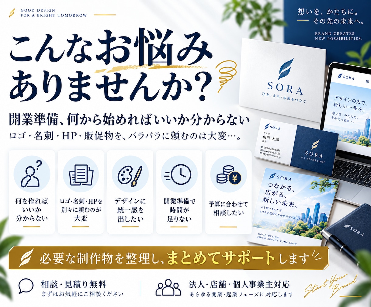 開業・起業に必要なデザインをまとめて制作します ロゴ・名刺・HP・チラシ・SNS｜ブランド立上げワンストップ イメージ2