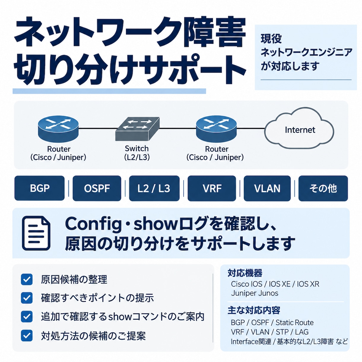 ネットワーク障害の切り分けを支援します Cisco・Juniperの実務経験を活かして対応 イメージ1