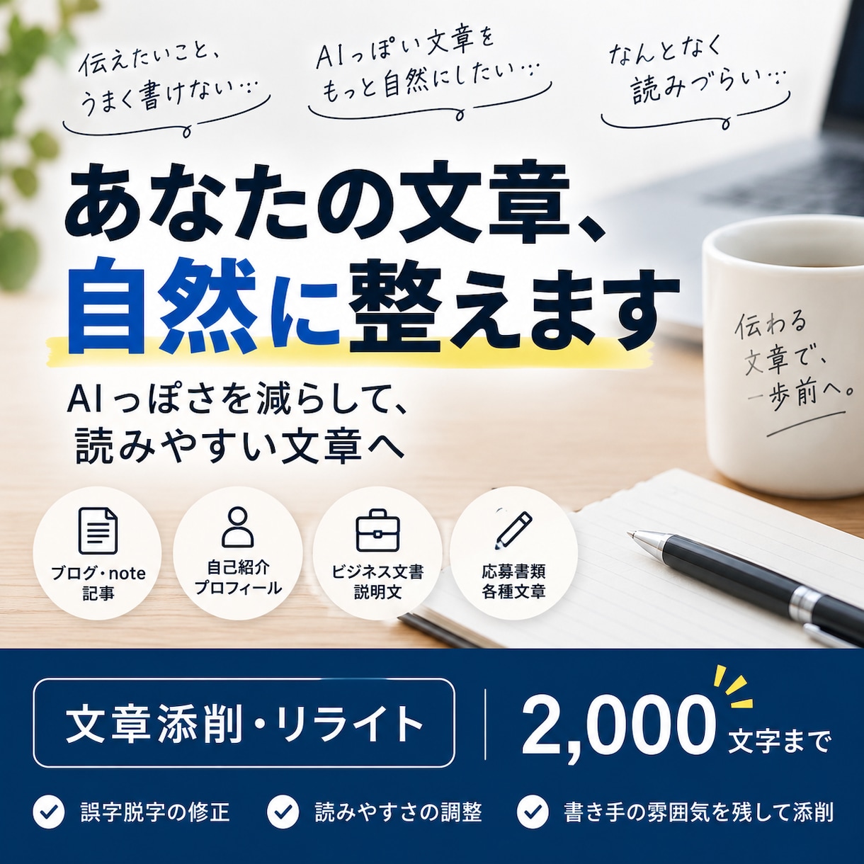 あなたの文章を自然で読みやすい文章に添削します AIっぽくない、書いた人らしさを残した文章に整えます イメージ1