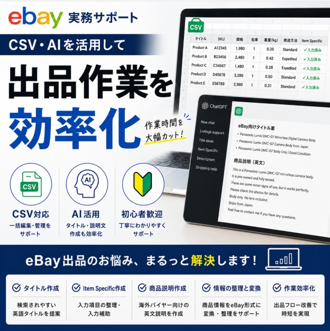 eBay出品の悩みを画面共有で解決します CSV・ChatGPT対応｜初心者歓迎・画面共有OK イメージ1