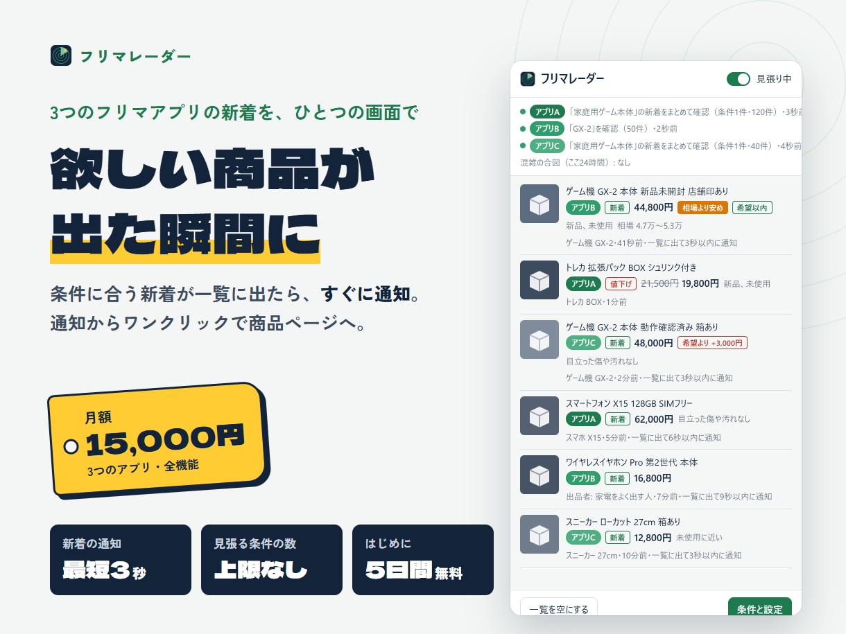 フリマ新着の見張り・通知ツールを提供します 3つのフリマの新着を1画面で。条件に合えばすぐ通知 イメージ1