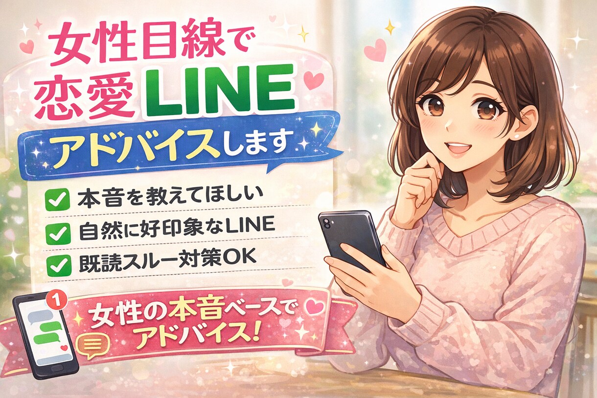 女性目線で恋愛LINEアドバイスします 女性がどう感じるかを元にアドバイスさせて頂きます！ イメージ1