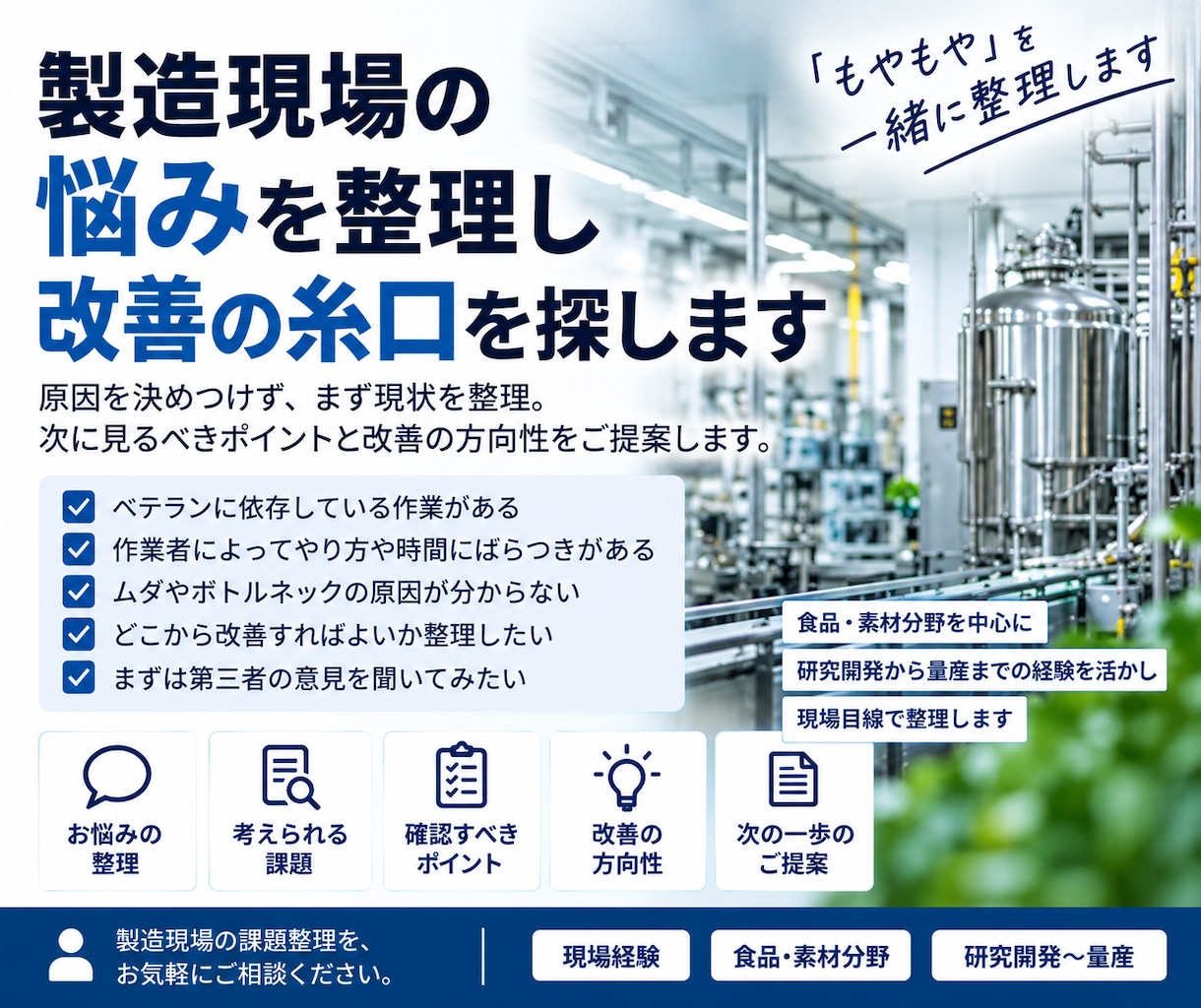 製造現場の悩みを整理し改善の糸口を探します まずは現状を整理し、次に見るべきポイントを明確にします イメージ1