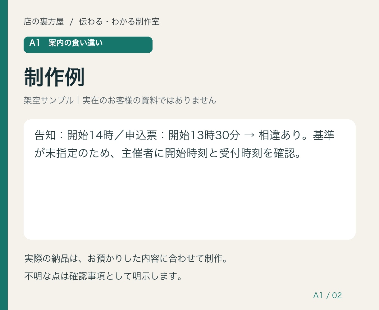 イベント案内の日時や料金のずれを点検します 告知・申込・配布物を照合し修正候補を一覧に イメージ2