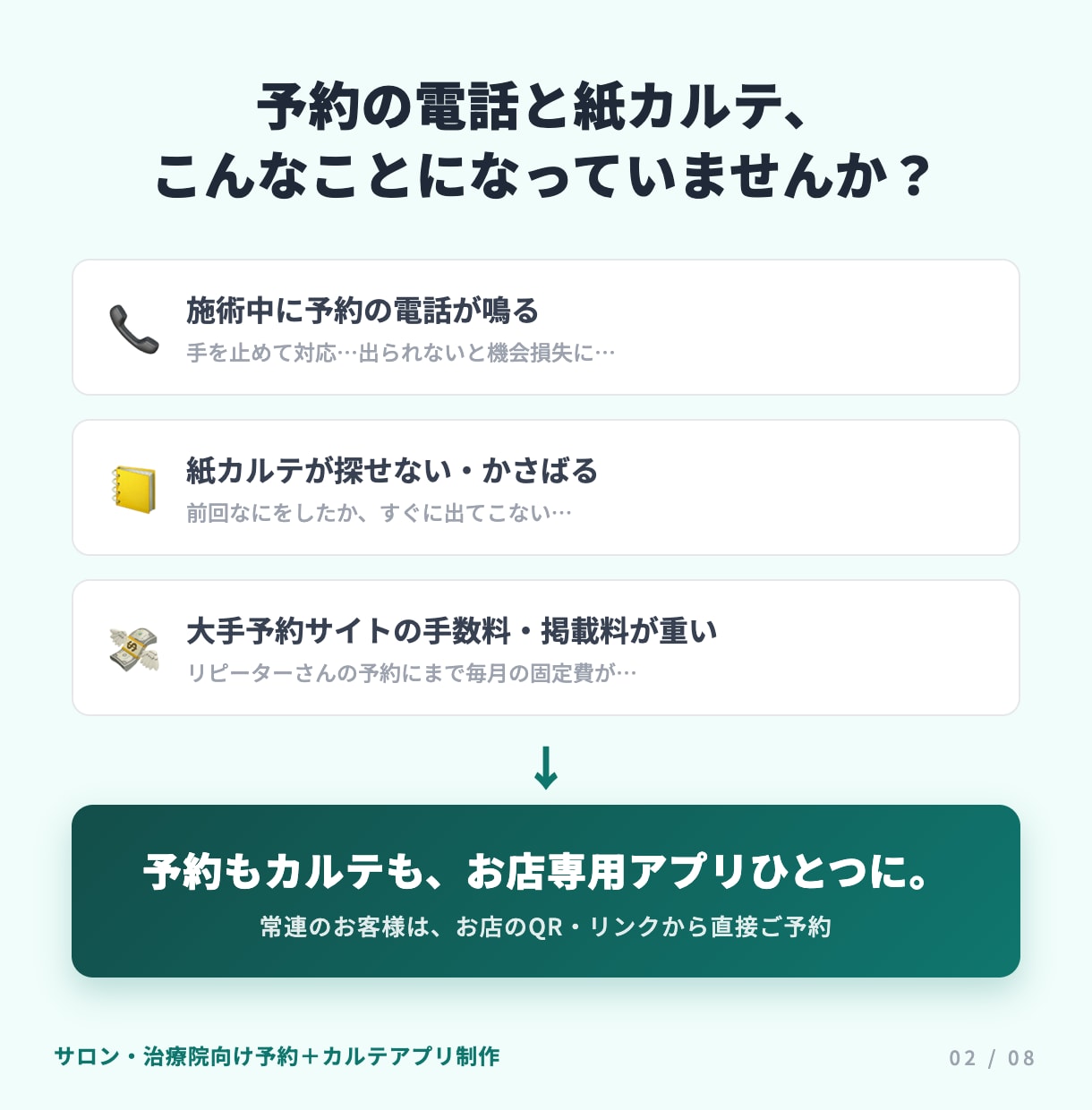 サロン・治療院向け予約＋顧客カルテアプリ制作します 電話予約と紙カルテを、お店専用アプリひとつに イメージ2