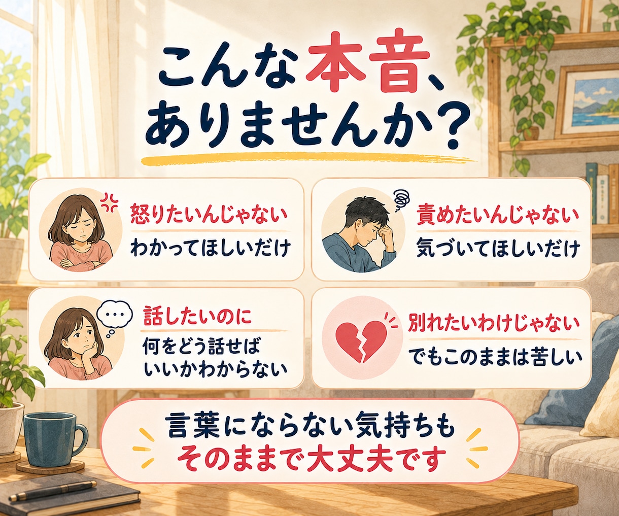 夫婦のすれ違いや悩みを否定せず丁寧にお聴きします 夫・3児の父としての視点も｜愚痴だけOK　改善の相談でもOK イメージ2
